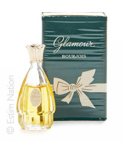 BOURJOIS "Glamour" Rare miniature homothetique en verre, etiquette titree "Parfum...