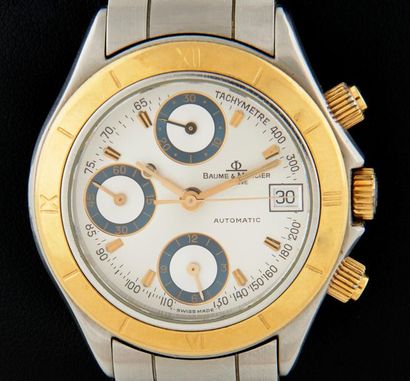 BAUME ET MERCIER "MALIBU" Steel chronograph watch. Round steel case, gold-plated...