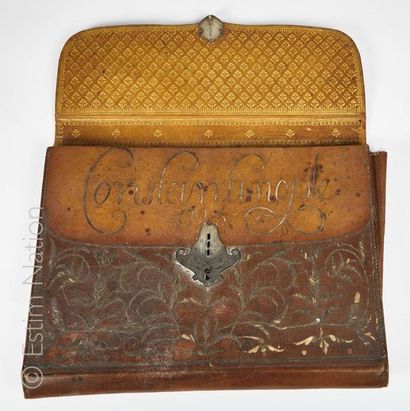 PORTE-DOCUMENTS Gilded leather gusseted briefcase with silver wire foliated scrolls...