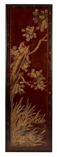 CHINE Pair of panels with engraved polychrome decoration of birds and plants on a...