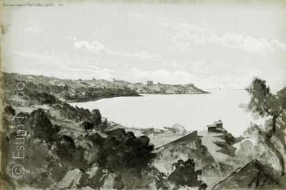 ECOLE FRANCAISE fin XIXeme SIECLE "Panorama depuis le Cap d'Antibes"
Encre, aquarelle...