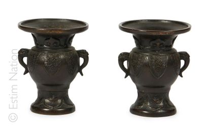 CHINE Pair of small two-handled vases in chased bronze with brown patina and mantling...