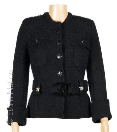 CHANEL (2017) Jacket in cashmere and silk with black buckle embellished with fringed...