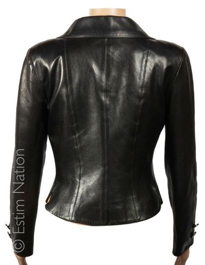 CHANEL 2001 Short JACKET in ebony lambskin with notched collar, black and gold bakelite...
