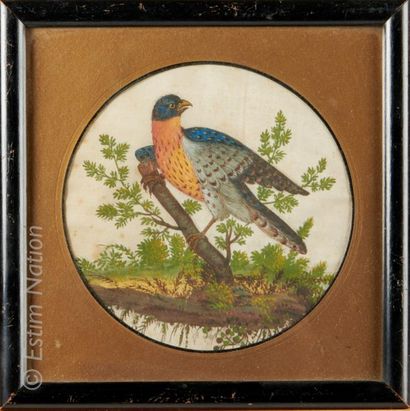 Ecole 19e siècle Oiseau sur une branche
Gouache sur soie
Diamètre à vue : 14,5 cm
Encadré...