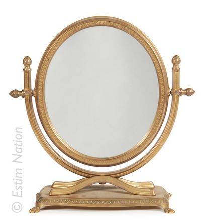 MIROIR PSYCHE STYLE LOUIS XVI Psyché de table à miroir basculant en bronze, socle...