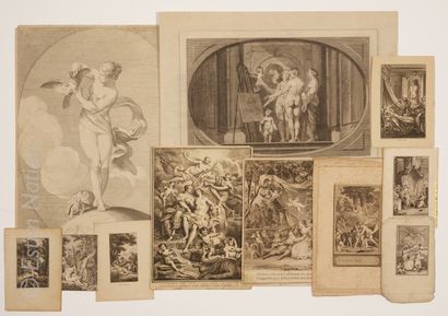 GRAVURES ANCIENNES - NUS Set of 18th and 19th century engravings, some of them enhanced,...