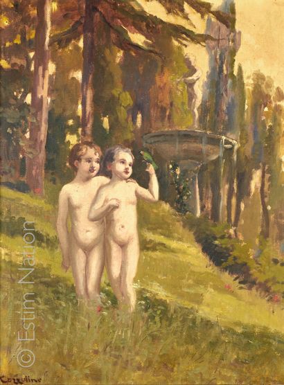 Ciro COZZOLINO (1876-1946) 
Deux enfants devant une fontaine, l'un d'eux tenant une...