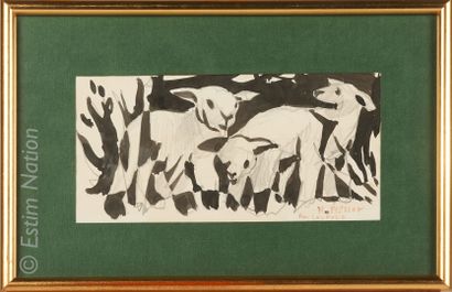 ART CONTEMPORAIN - PLISSON Henri PLISSON (1908-2002) 
 
Les agneaux 
 
Dessin à l'encre...