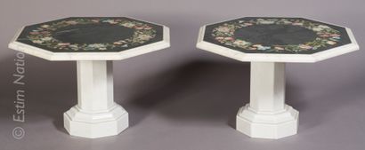 MOBILIER XXE 
Pair of coffee tables with an octagonal marble and marble veneer top,...