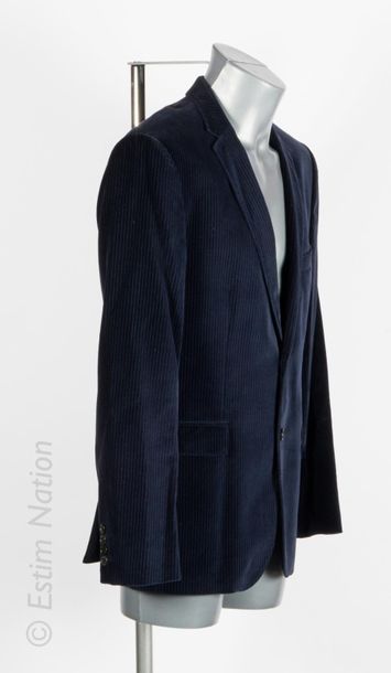 HUGO BOSS Navy cotton velvet jacket with blue tennis stripes, three pockets, notched...