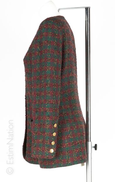 CHANEL BOUTIQUE Vintage VESTE en tweed de laine fantaisie quadrillé vert, marron...