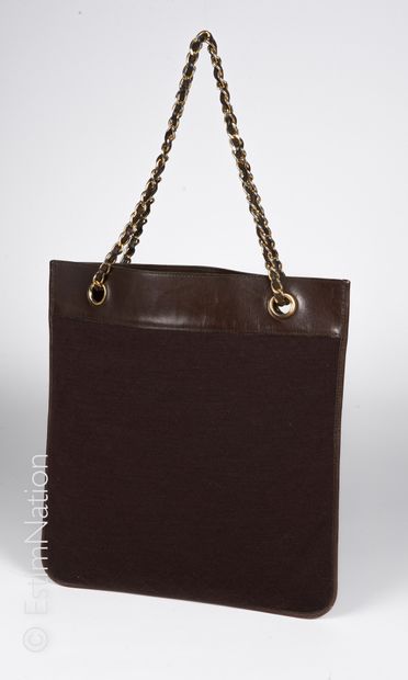 CHANEL Vintage TOTE BAG in wool jersey and chocolate lambskin stitched with the logo...