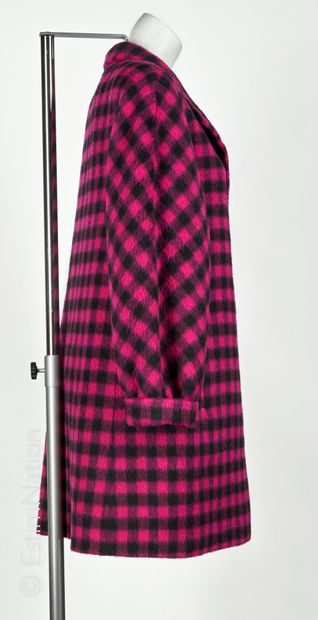 HERNO MANTEAU en alpaga et laine à carreaux noir et rose fuchsia, col montant, simple...