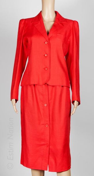 SAINT LAURENT Rive Gauche circa 1980 TAILLEUR en coton, lin et soie tissée coquelicot,...