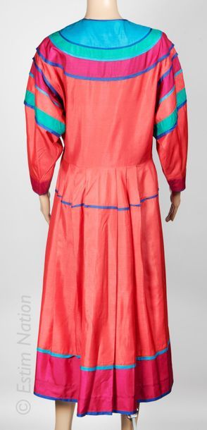 KENZO CIRCA 1978/80 DRESS in coral silk enhanced with blue, green and fuchsia rounded...