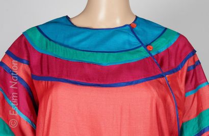 KENZO CIRCA 1978/80 DRESS in coral silk enhanced with blue, green and fuchsia rounded...