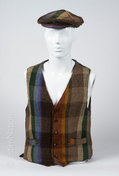 MILLARS Irlande VINTAGE GILET ET CASQUETTE en tweed de laine écossaise multicolore...
