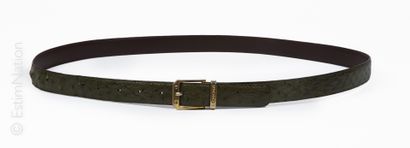 LORENZI BELT in green glossy ostrich lined with chocolate leather, golden metal buckle...
