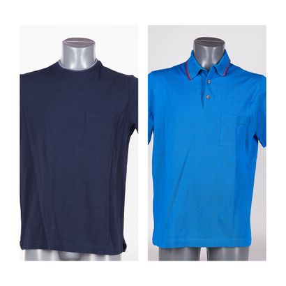 HERMES POLO en nid d'abeille bleu, col gansé rouge (T M), TEE SHIRT en nid d'abeille...