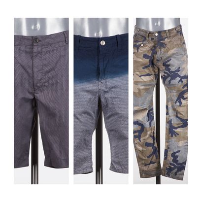 PAUL SMITH, APC, IMPERIAL DEUX BERMUDAS en coton : le premier dégradé bleu et gris...