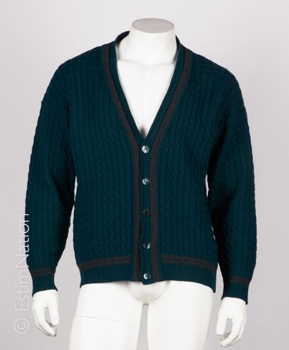 Christian DIOR Monsieur CARDIGAN en tricot irlandais de laine vierge verte rayé gris...