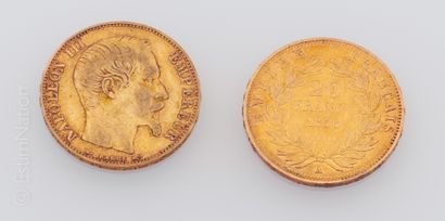 20 Francs or 
Deux pièces de 20 Francs or Napoléon III tête nue 1854 et 1856. 




Poids...