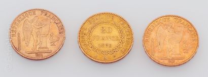 20 Francs or 
3 pièces de 20 Francs or Génie, IIIème République 1876, 1877 et 1895....