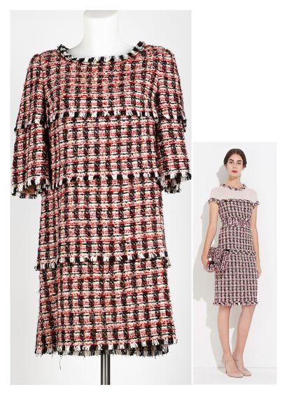 PAULE KA (RESORT 2017) ROBE en tweed fantaisie dans les tons rouge, noir et blanc...