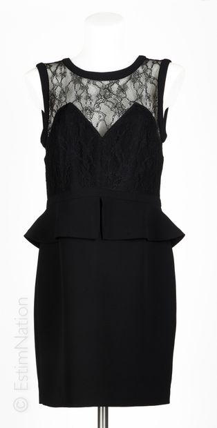 SANDRO, CAROLL Cocktail dress in black crepe, bust in fancy lace, ruffled waist effect...