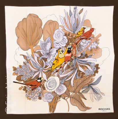 LONGCHAMP, ROCHAS CARRE en soie imprimée de tulipes en camaïeu de bleu (86 cm de...