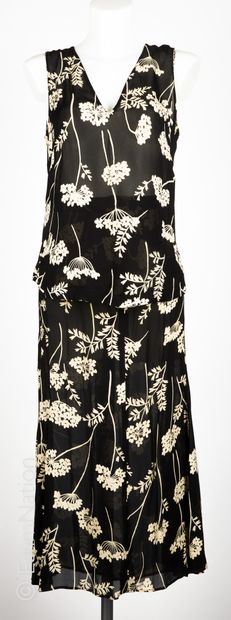 Sonia RYKIEL Black silk crepe ensemble printed with an ecru floral pattern: tank...