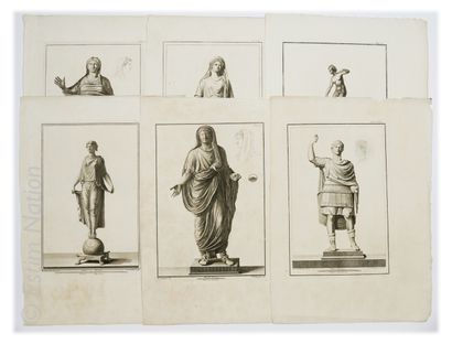GRAVURES ANCIENNES Ensemble de sept gravures en noir représentant des statues et...