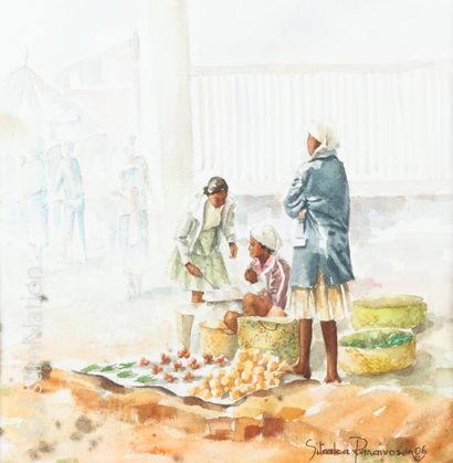 ECOLE CONTEMPORAINE - MADAGASCAR Deux aquarelles sur papier représentant des scènes...