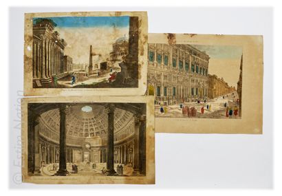 ROME - VUES D'OPTIQUE Ensemble de dix vues d'optique gravées et rehaussées à l'aquarelle...
