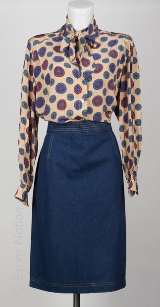CELINE VINTAGE, ESCADA 
BLOUSE in beige silk printed with a blue and indigo geometrical...