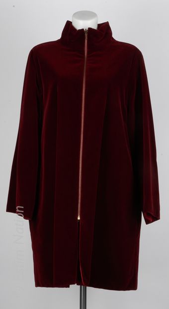 KENZO Reversible coat in burgundy cotton velvet on one side, shimmering polyester...