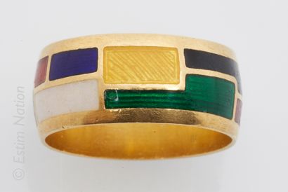 ANNEAU OR EMAIL 18K (750°/00) yellow gold ring enamelled with brightly coloured geometric...