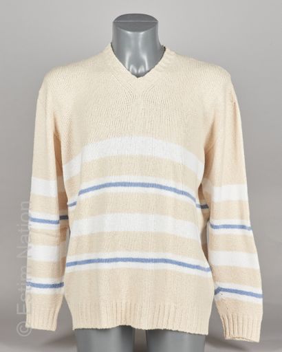 AGNONA PULL OVER en tricot coton et, probablement, cachemire beige et rayé blanc...