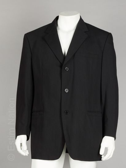 VERSACE CLASSIC V2 COSTUME in black wool with fine stripes, jacket with three pockets,...