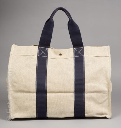 HERMES SAC TOTE "TOTO BAG" en toile H et sangles bleues (37 x 48 x 24 cm) (petites...