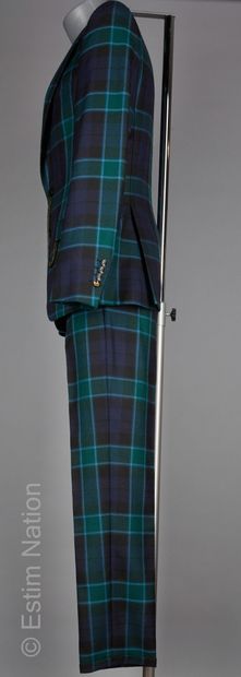 LORDS & FOLDS Three-piece suit in blue and green tartan wool, jacket and waistcoat...
