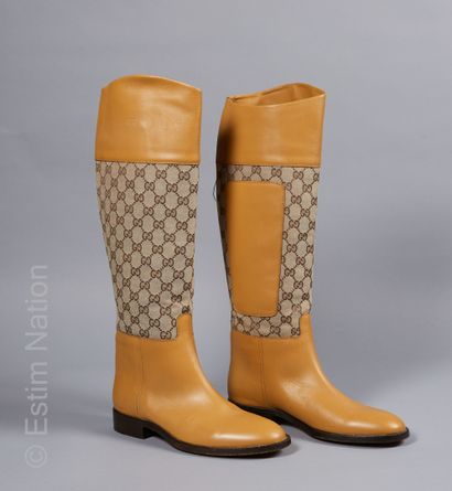 GUCCI HORSE Pair of gold box and canvas riding boots (P 42) (near new condition,...