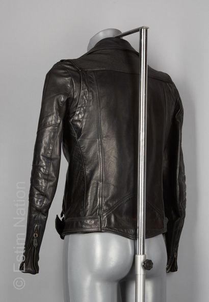 Pierre BALMAIN Black leather PERFECTO, multi-pocket, silk lining with floral print,...