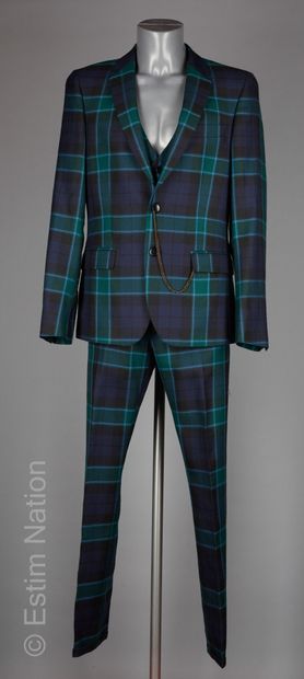 LORDS & FOLDS Three-piece suit in blue and green tartan wool, jacket and waistcoat...