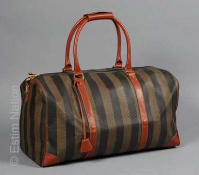 FENDI WEEKEND BAG in striped canvas and cognac leather, inside zipped pocket (26...