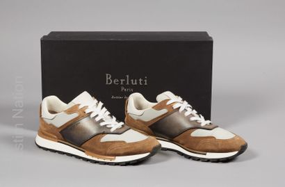 BERLUTI PAIR OF RUNNERS in camel skin, gradient grey patinated leather and grey mesh...