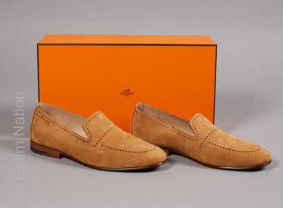 HERMES Pair of gold suede loafers with laser cut openwork and beige stitching (P...