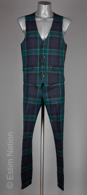 LORDS & FOLDS COSTUME trois pièces en laine écossaise bleue et verte, veste et gilet...