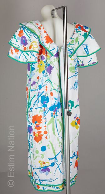 LEONARD STUDIO VINTAGE ROBE en coton froissé blanc à décor floral façon peinture,...